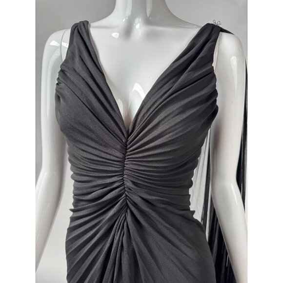BCBG Max Azria Black Pleated Evening Gown With Sheer Asymmetrical Drape & Ruched - Picture 16 of 16
